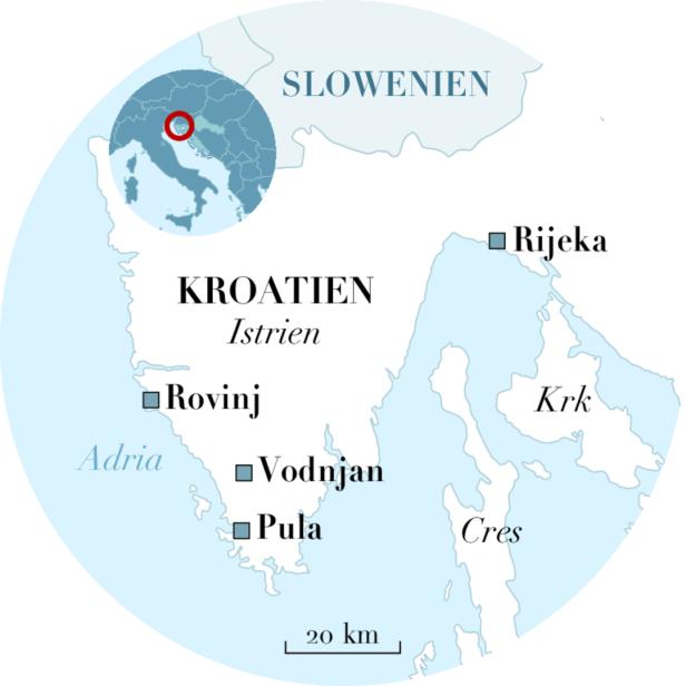 Eine Karte von Istrien, Kroatien, mit den Städten Rijeka, Rovinj, Vodnjan und Pula.