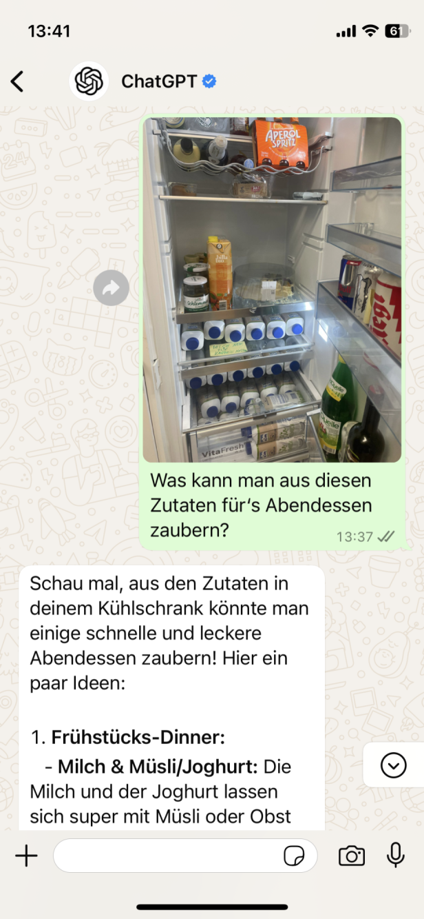 ChatGPT kann man nun Fotos schicken Screenshot einer WhatsApp-Nachricht an ChatGPT