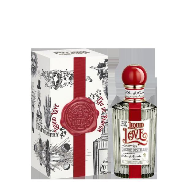 Eine Flasche „Liquid Love“ Eau de Parfum von Penhaligon's neben der passenden Schachtel.