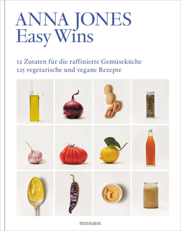 Das Cover des Kochbuchs „Easy Wins“ von Anna Jones mit Zutaten für vegetarische und vegane Rezepte.