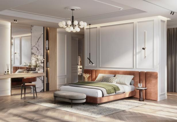 Luxuriöses Schlafzimmer mit einem großzügigen Spiegel und kreativen Leuchten.