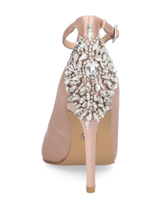 Ein rosafarbener High Heel mit Strassverzierungen an der Ferse.
