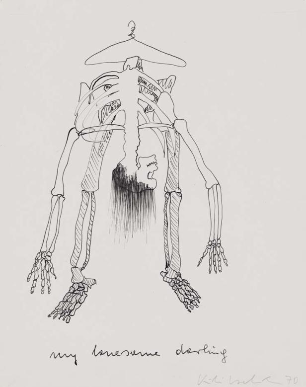 Eine Strichzeichnung eines Skeletts, das an einem Kleiderbügel hängt.