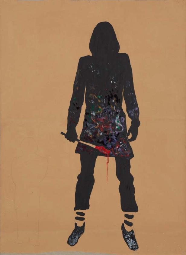 Eine schwarze Silhouette einer Person mit einem blutverschmierten Gegenstand in der Hand vor beigem Hintergrund.