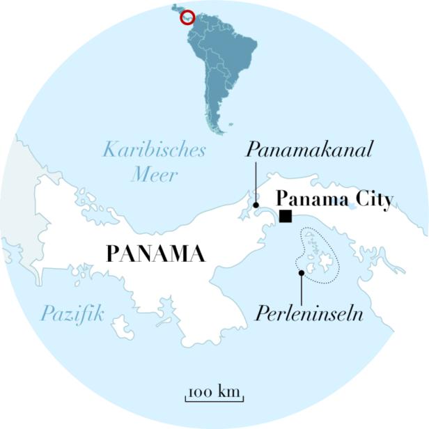 Eine Karte von Panama mit dem Panamakanal, Panama City und den Perleninseln.