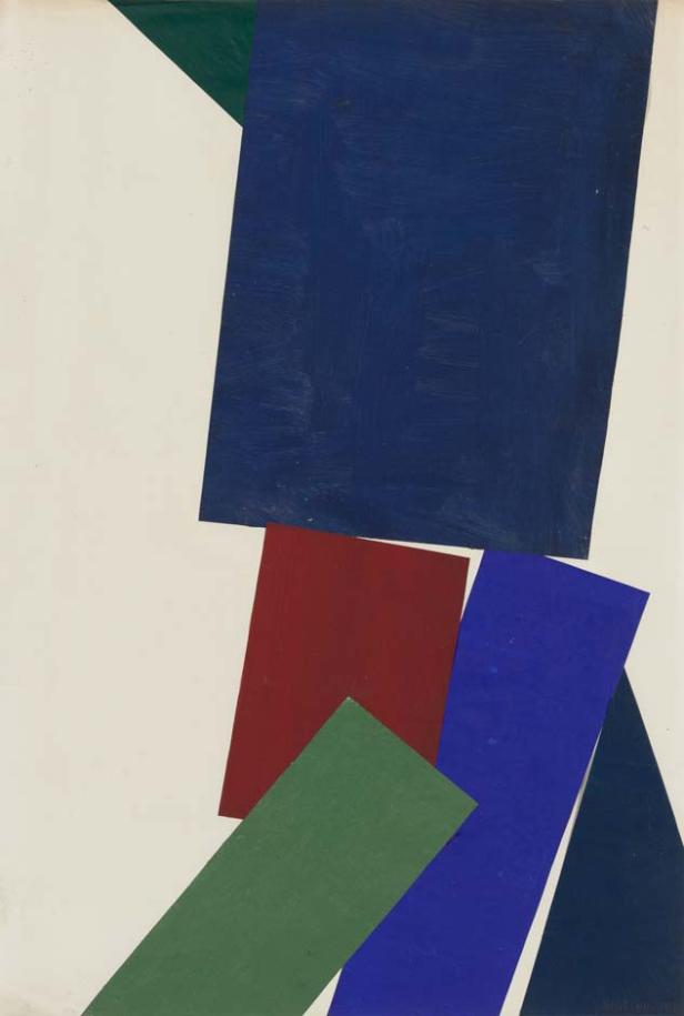 Ein abstraktes Gemälde mit geometrischen Formen in Blau, Rot und Grün auf weißem Grund.
