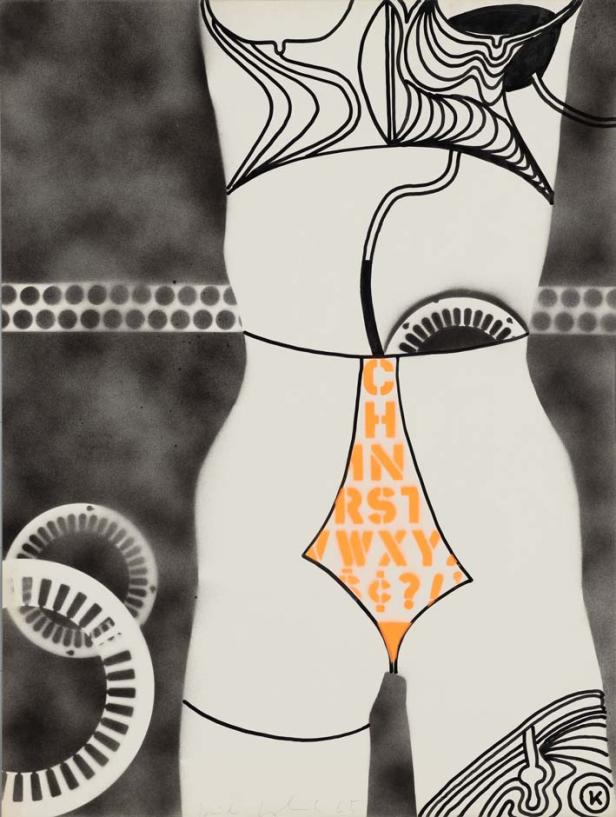 Eine stilisierte Darstellung eines weiblichen Torsos mit grafischen Elementen und orangefarbenen Buchstaben.