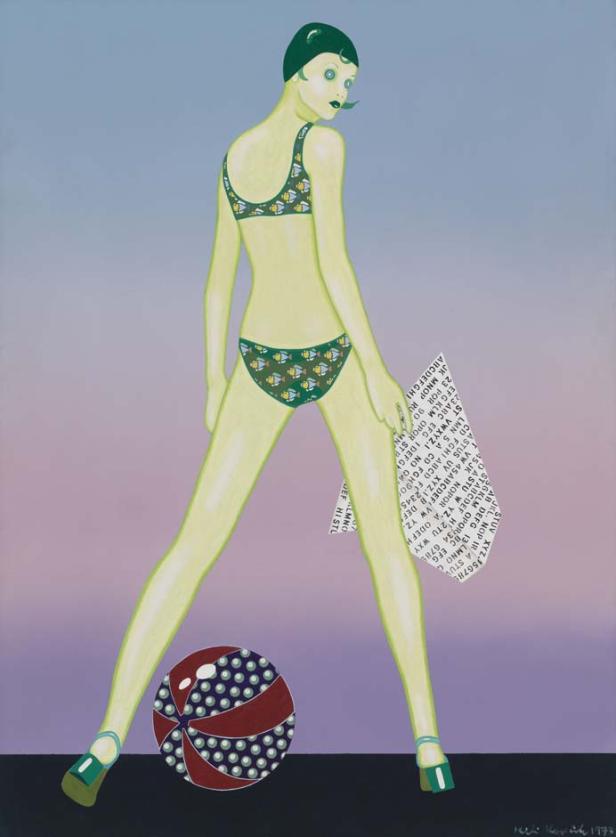 Eine grünliche, stilisierte Frau im Bikini mit einem Strandball und einem Stück Papier mit Buchstaben.