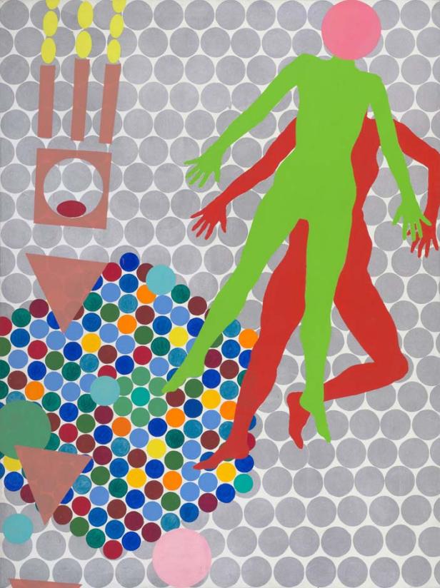 Eine abstrakte Komposition mit bunten Kreisen, geometrischen Formen und stilisierten Figuren in Grün und Rot.