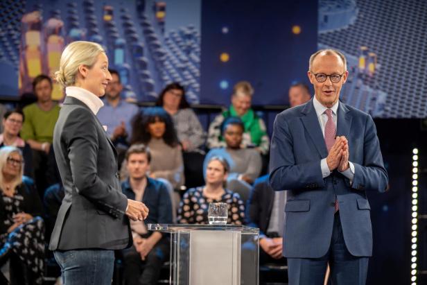 German conservative candidate for chancellor and CDU party leader Friedrich Merz and AfD party co-leader Alice Weidel attend the ZDF programme Klartext