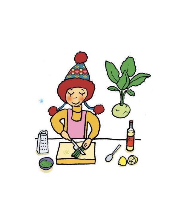 Eine Frau mit Mütze bereitet Kohlrabi-Gemüse zu.