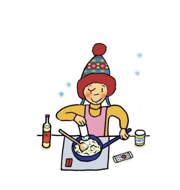 Eine Person mit Mütze kocht Kohlrabi-Gemüse in einer Pfanne.