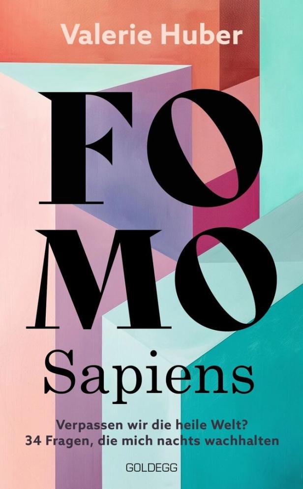 Das Cover des Buches „FOMO Sapiens“ von Valerie Huber vor einem geometrischen Hintergrund.