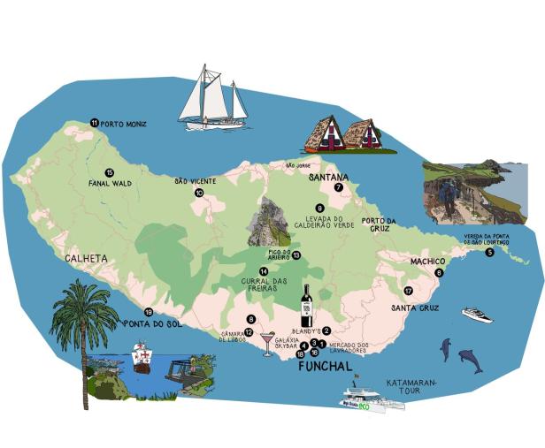 Eine illustrierte Karte der Insel Madeira mit verschiedenen Sehenswürdigkeiten und Städten.