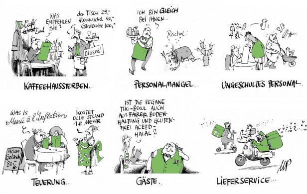 Eine Karikatur, die verschiedene Probleme in der Gastronomie darstellt, wie Personalmangel und Teuerung.