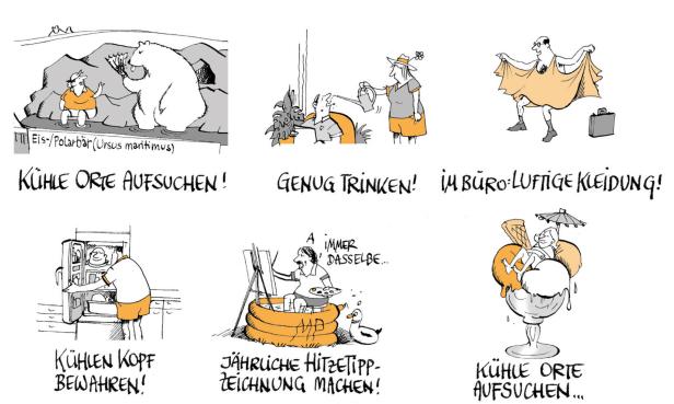 Eine Karikatur mit Tipps, wie man mit der Sommerhitze umgeht.