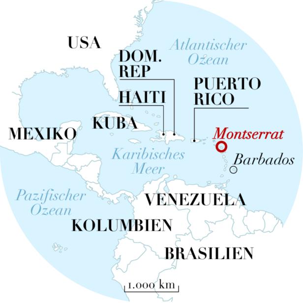 Eine Karte der Karibik mit den Ländern und Inseln wie Montserrat, Kuba und Haiti.