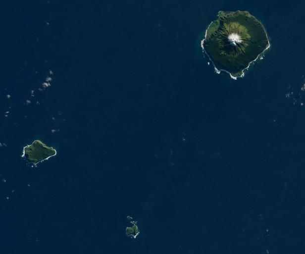 Eine Satellitenansicht von Tristan da Cunha, einer Inselgruppe im Südatlantik.