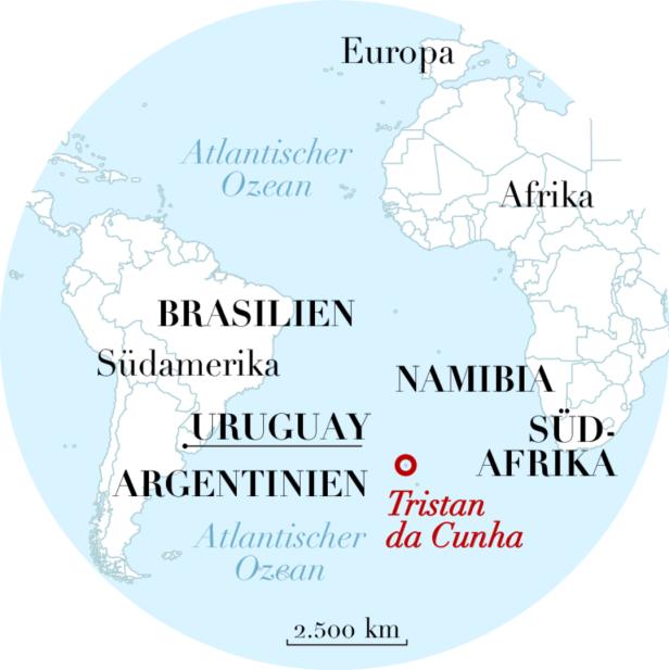 Eine Weltkarte zeigt die Lage von Tristan da Cunha im Südatlantik.