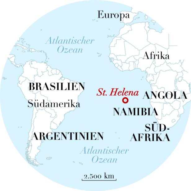 Eine Weltkarte zeigt die Lage von St. Helena im Südatlantik.