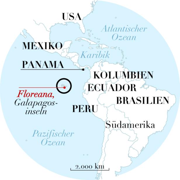 Eine Karte, die die Lage der Insel Floreana auf den Galapagosinseln zeigt.