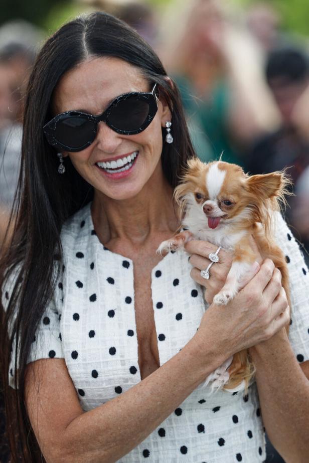 Demi Moore lächelt mit Sonnenbrille und hält einen Chihuahua im Arm.