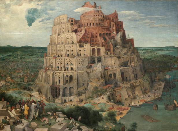 Turmbau zu Babel Das Gemälde zeigt den unvollendeten Turm zu Babel mit vielen kleinen Figuren und Schiffen.