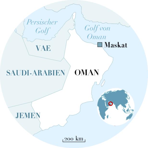 Eine Karte von Oman und den angrenzenden Ländern Saudi-Arabien, Jemen und den VAE.