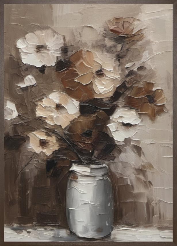 Ein Ölgemälde zeigt einen Blumenstrauß in einer Vase.