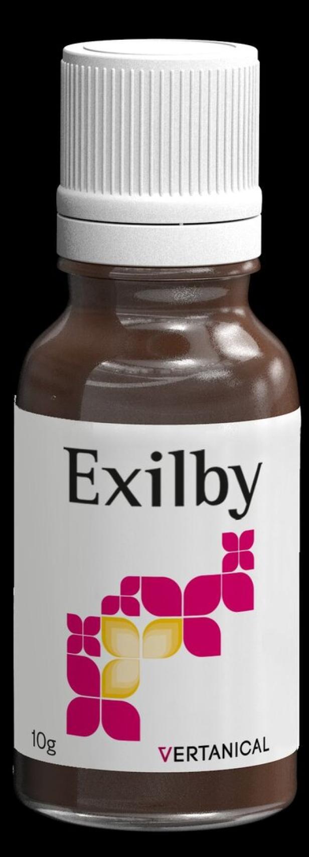 Eine braune Glasflasche „Exilby“ von Vertanical mit weißem Deckel.