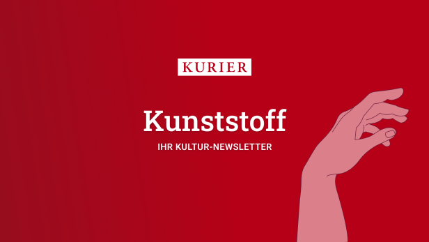 Das Logo des „Kurier“-Kultur-Newsletters „Kunststoff“ mit stilisierter Hand auf rotem Grund.
