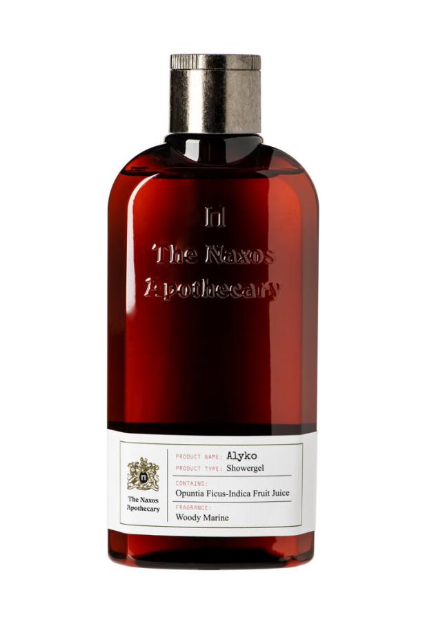 Eine Flasche „Alyko“ Duschgel von The Naxos Apothecary mit holzig-marinem Duft.