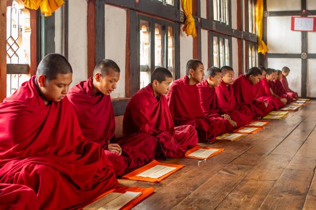 Eine Reihe junger buddhistischer Mönche sitzt in roten Gewändern auf dem Boden und liest.