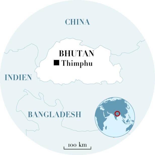 Eine Karte von Bhutan, das zwischen China und Indien liegt.