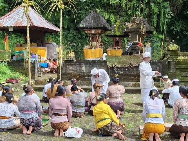 Priester schütten Wasser auf die Gläubigen Bali: Wo sich Touristen mit Feuer und Wasser spirituell reinigen