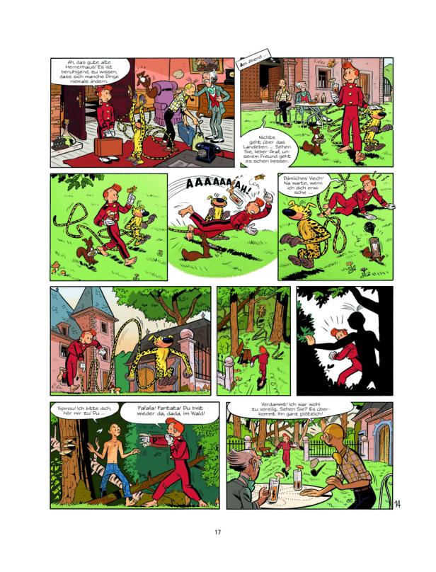 Eine Seite aus einem Spirou-Comic, die verschiedene Szenen mit Spirou und Fantasio zeigt.