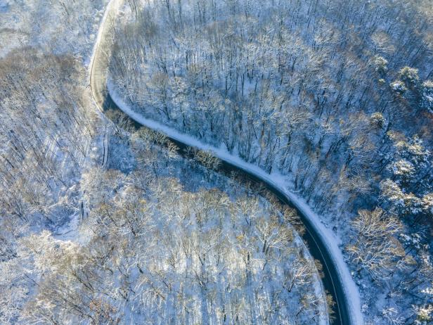 Eine Straße schlängelt sich durch einen verschneiten Wald.