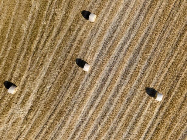 Draufsicht auf ein abgeerntetes Feld mit vier Heuballen.