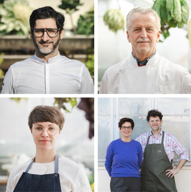 Die Spitzengastronomie hat beim Wintererntedank „Snow Food“ durch ihre Kochkunst geadelt: Paul Ivić (oben links), Johann Reisinger, Rebecca Clopath, Josef Floh mit Elisabeth Floh.