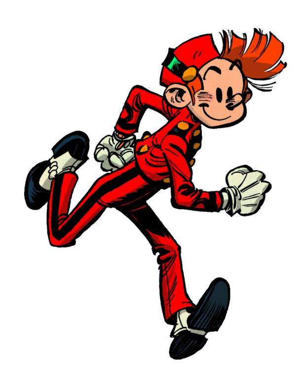 Ein Comicfigur in roter Uniform mit Mütze rennt.