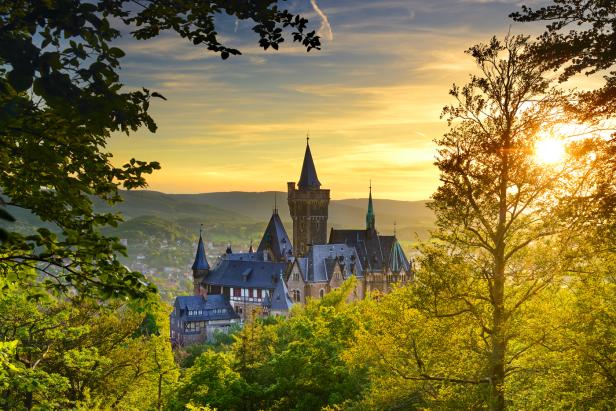 Das Schloss Wernigerode liegt inmitten grüner Bäume im Harz.