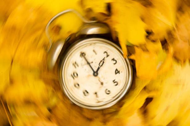 Ein Wecker liegt zwischen gelben Blättern, die im Unschärfeeffekt dargestellt sind.