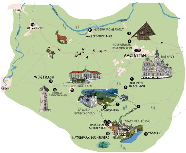 Eine illustrierte Karte der Region um Amstetten in Niederösterreich mit Sehenswürdigkeiten.