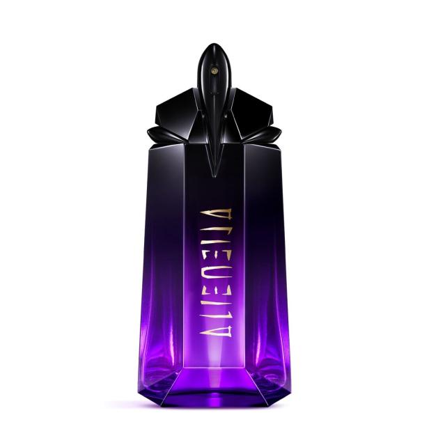 Eine Flasche Alien-Parfüm von Thierry Mugler mit einem violetten Farbverlauf.