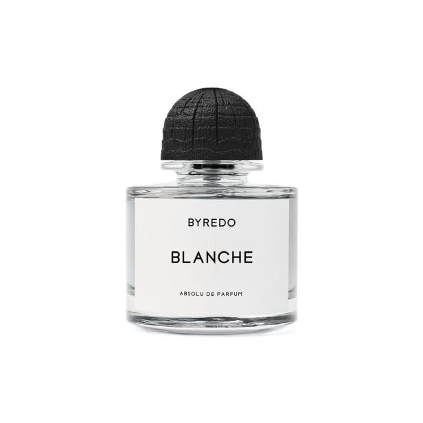 Eine Flasche „Byredo Blanche Absolu de Parfum“ mit schwarzem Deckel.