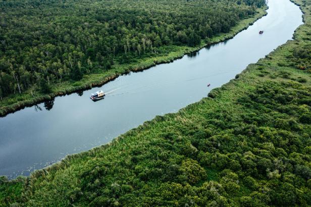 Ein Boot fährt über einen wilden Fluss, um den herum nur eine grüne Landschaft ist.