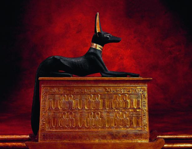 Ein Hund mit spitzen Ohren sitzt auf einem mit Hieroglyphen besetzten Schrein.