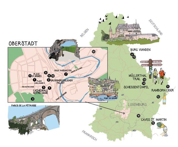 Eine illustrierte Karte von Luxemburg mit Sehenswürdigkeiten wie Burg Vianden und den Kasematten.