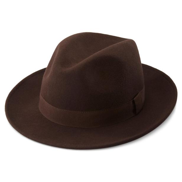 Ein brauner Fedora-Hut mit einem farblich passenden Hutband.