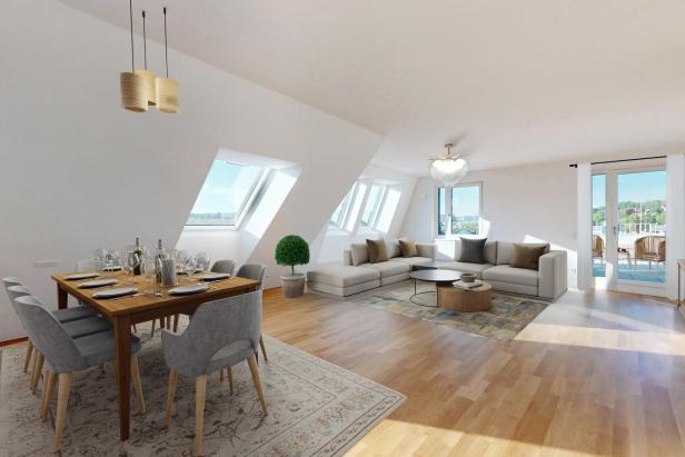  Modernes Wohnzimmer mit Holzboden und einem eleganten Esstisch in der Mitte des Raumes.